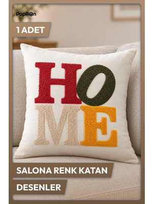 Papillon Sohbet Köşesi 1'li Kırlent Kılıfı 42X42 Punch Dokulu Home Yazılı Ekru Dekoratif