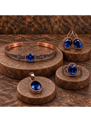 Zaa Zirkon Taşlı Mavi Oval Bakır Set Takım