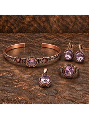 Zaa Pembe Oval Zirkon Taşlı Bakır Takı Seti