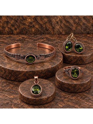 Zaa Zirkon Taşlı Oval Yeşil Bakır Set