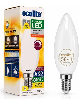 Ecolite 6W E14 Filament LED Mum Ampul, 2700K Sarı Işık, 810 Lümen, 60W Eşdeğer, Dim Edilebilir, C35 Dekoratif Cam Ampul
