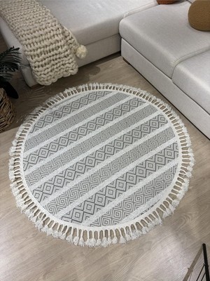 Petra Dokuma Makinede Yıkanabilir Kaydırmaz Taban Şönil Halı Kilim Beyazyuvarlak 80 x 80
