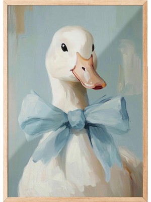 Happy Trend Ahşap Çerçeveli Duvar Tablosu Mavi Fiyonklu Sevimli Ördek Yağlı Boya Dokulu Çocuk Odası Dekoru, 10 x 15