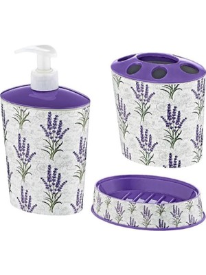 Happy Trend Lavanta Stil 3 Parça Banyo Lavabo Seti Diş Fırçalık Sıvı+Katı Sabunluk Kırılmaz Özel Plastik
