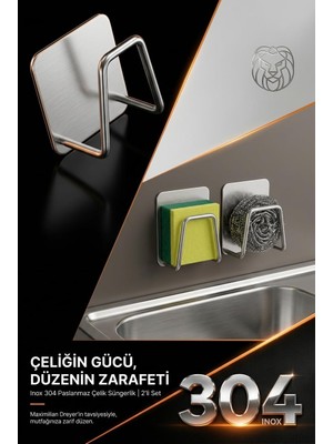 Happy Trend 2 Li Set Yapışkanlı Mutfak Lavabo Süngerlik Askısı Evye Düzenleyici Stant 5 kg Taşıma Kapasiteli Inox 304 Paslanmaz Çelik 722043
