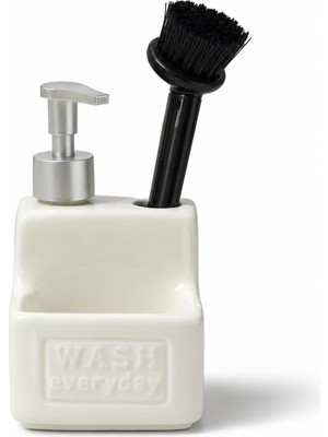 Happy Trend Seramik Sıvı Sabunluk ve Fırçalık 500 ml - Pompalı Deterjanlık - Entegre Bulaşık Fırçası Hazneli Mutfak ve Banyo Dispenseri - 11 x 11 x 18 cm Tezgah Üstü Düzenleyici(Krem)