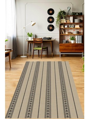 TemmuzX Pelangi Bohem Tarz Minimal Lale Motifi Çizgili Yıkanabilir Kaymaz Taban Leke Tutmaz Salon Halısı Yoluk, Karhverengi-Vizon 120 x 160