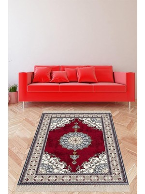 TemmuzX Pelangi Osmanlı Motifler Desenli Dijital Baskı Yıkanabilir Kaymaz Taban Leke Tutmaz Etnik Salon Halısı, Bordo 120 x 200