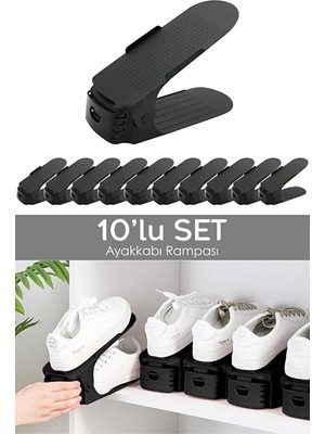 TemmuzX 10'lu Tekli Ayarlanabilir Ayakkabı Rampası - Dolap Içi Ayakkabı Düzenleyici Organizer Siyah