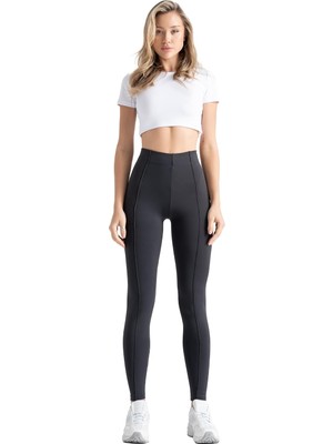 TemmuzX Leggfly Kadın Yüksek Bel Toparlayıcı Spor Tayt, Siyah Nervürlü, Slim Fit