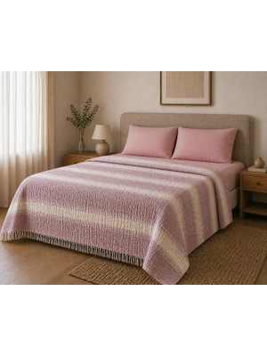TemmuzX DAILY%100 Pamuk Müslin Pike 4 Kat Çift Kişilik Pike & Yatak Örtüsü 230X250 cm (Pembe, Desenli Çizgili)