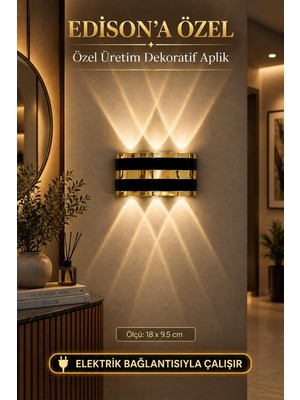 TemmuzX LED Aplik, Altın, Çift Yönlü Modern Dekoratif Duvar Lambası, 18 x 9.5 Cm, Iç Dış Mekan