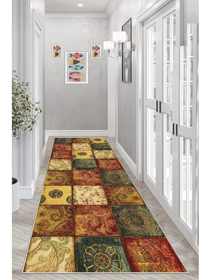 TemmuzX Pelangi Kırkyama Patchwork Desenli Etnik Dijital Baskı Yıkanabilir Kaymaz Taban Salon Halı ve Yollu, Bej 80 x 250, 9554987802507
