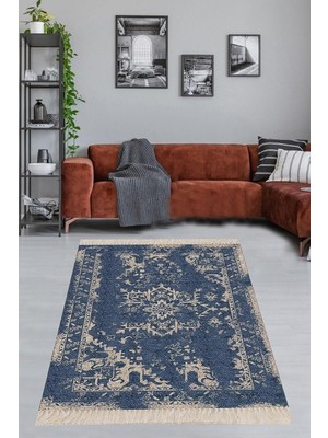TemmuzX Pelangi Osmanlı Motifler Eskitme Desenli Dijital Baskı Yıkanabilir Kaymaz Taban Leke Tutmaz Salon Halısı, Mavi 120 x 200