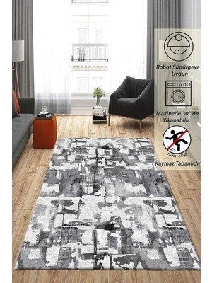 TemmuzX Geometrik Desenli Açık Gri Kaymaz Taban Kalın Yüksek Kalite Peluş Halı Yolluk, 40 x 60