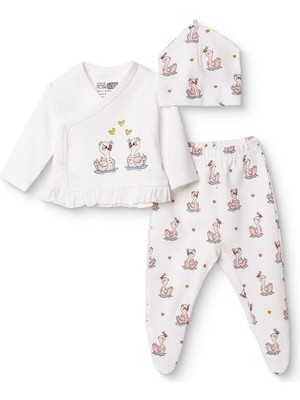 Hellobaby Kız Bebek Zıbın-Şapka-Alt Kuğu Baskılı V Yaka Çıtçıtlı Uzun Kol Uzun Paça