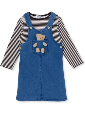 Hellobaby Kız Bebek Salopet-Tişört Ayı Baskılı Düğmeli Bisiklet Yaka Long Sleeve