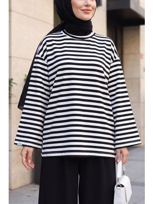 Moda Morfo Bisiklet Yaka Kalın Çizgili Likralı Oversize Sweat -Siyah