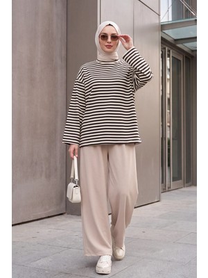 Moda Morfo Bisiklet Yaka Kalın Çizgili Likralı Oversize Sweat  -Kahverengi