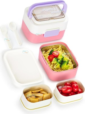 Vagonlife Bento 1010ML Yeni Lunchbox Serisi Çift Renk Iki Katlı Bir Çelik Kaseli Iki Mini Plastik Kap 16X10X11.5CM Ölçü Paslanmaz Çelik Sefer Tası Çocuk Ilk Okul Yemek Kutusu Bpa Yok Özel Kutu-Pembe