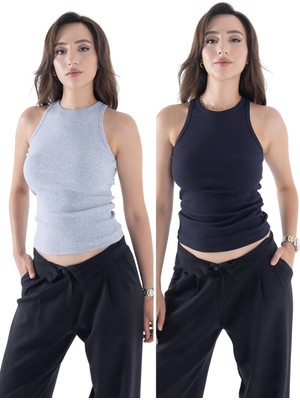 By Comeor Fitilli Regular Fit Normal Kalıp Siyah-Beyaz Bisiklet Yaka Sıfır Kol Pamuklu 2'li Kadın Atlet Gri-Lacivert S