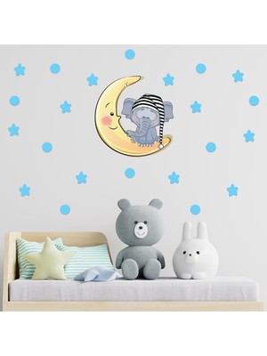 Die Grup Tilki Dünyası Ay Üzerinde Uyuyan Sevimli Fil, Mavi Yıldızlar ve Puantiyeler Duvar Sticker Seti - Bebek ve Çocuk Odası Dekoratif Duvar Çıkartması - Su Geçirmez, Leke Tutmaz ve Kolay Çıkartılabilir