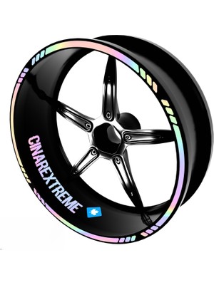 Die Grup Çınar Extreme® Hypnotic Gökkuşağı Hologram Efektli 4 Parçalı Kesikli Motosiklet Jant Şeridi Sticker