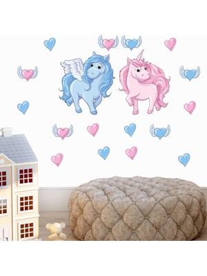Tilki Dünyası Kanatlı Pembe ve Mavi Unicorn ve Kalpler Duvar Sticker Seti - Bebek ve Çocuk Odası Dekoratif Duvar Çıkartması