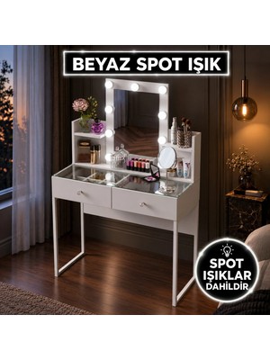 Rani BJ145 Hollywood Işıklı Aynalı Kulis Makyaj Masası Cam Tablalı 2 Çekmeceli Takı Düzenleyici Beyaz