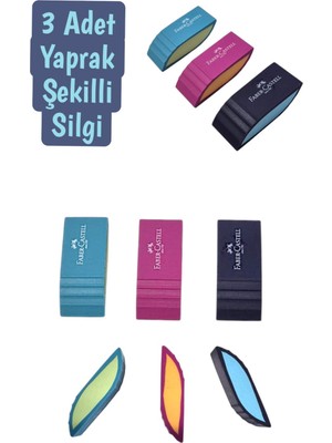 Mythriva Faber Castell Yaprak Şekilli Silgi, 3 Adet Set, Mavi, Pembe, Siyah
