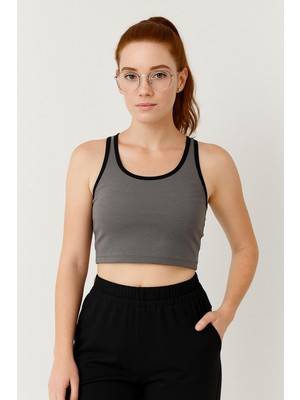 Mythriva Antrasit Melanj Basic Sıfır Kol Dar Kalıp U Yaka Kadın Crop Top Atlet - 97162