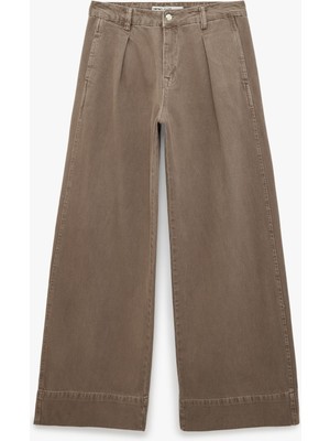 Vionna Pileli Pamuklu Normal Bel Cep Detaylı Geniş Paça Pantolon - Wide Leg Jeans