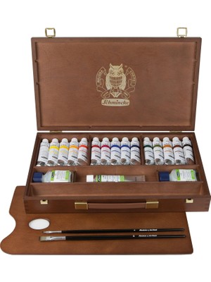 Vionna Schmincke Primaakrilik En Iyi Akrilik Boyalar, Premium Ahşap Kutu, 15 x 35 ml Set 73515097, Aksesuarlar: Orta Parlak Sıvı, Dokulu Jel, 2 Fırça, Ahşap Palet