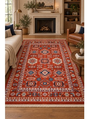 Prestij Batur Anadolu Kilim Motifli Kırmızı Kaymaz Tabanlı Robot Süpürge Uyumlu Oturma Odası Salon Halısı