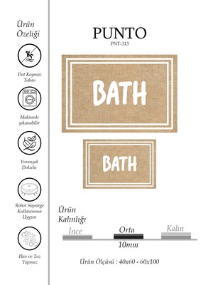 Kilim Home Punto Jüt Görünümlü Beyaz Çizgili Bath Yazılı Dijital Baskılı Ikili Banyo Paspas Takımı 40X60 60X100