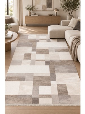 Prestij Zepha Krem Kahve Modern Salon Oturma Odası Halısı Robot Süpürge Uyumlu Kolay Temizlenebilir Polyeste