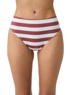 Vionna Los Ojos Bordo-Beyaz Çizgili Yüksek Bel Bikini Altı Sporty Bottom