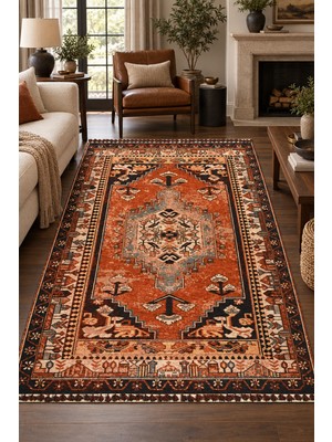 Prestij Tandra Nostaljik Kilim Desenli Robot Süpürge Uyumlu Oturma Odası Salon Halısı Kolay Temizlenebilir S