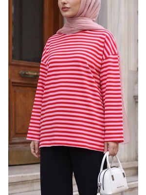 Moda Morfo Bisiklet Yaka Kalın Çizgili Likralı Oversize Sweat -Pembe