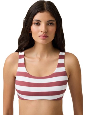 Şanal Los Ojos Bordo-Beyaz Çizgili Kare Yaka Spor Bikini Üstü Sporty Top