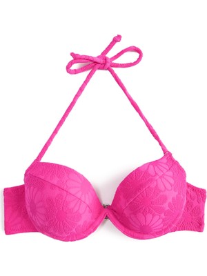 Şanal Balenli Bikini Üstü Çiçek Dokulu Kaplı Boyundan Bağlamalı