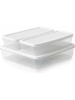 Şanal Deconox 3’lü Slim Buzdolabı ve Derin Dondurucu Saklama Kabı Seti, 1 Büyük (28CM) ve 2 Küçük (27CM) Ince Uzun Erzak Kutusu, Gri ve Beyaz Kapaklı Mutfak Düzenleyici (Beyaz - 3 Lü Set)