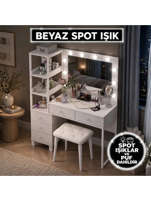 Rani BJ155 Makyaj Masası 5 Çekmeceli Beyaz Modern Tasarım Işıklı Aynalı Takı Düzenleyici Suntalam