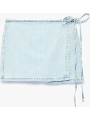 Şanal Rahat Kalıp Bağlama Detaylı Pamuklu Mini Denim Şort Etek