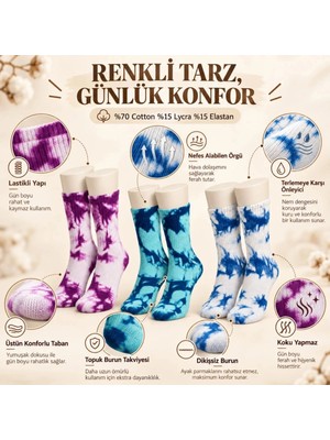 Liyuza Unisex Batik Desenli Çorap 6'lı Set Pamuklu Renkli Uzun Soket Dikişsiz Nefes Alan Spor Çorabı Günlük
