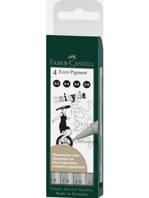 Faber-Castell Pigment Çizim Kalemi Seti, 4’lü Siyah, 0.2 / 0.4 / 0.6 / 0.8 mm Uç, Su ve Işık Geçirmez Mürekkep, Cetvel ve Şablon Uyumlu