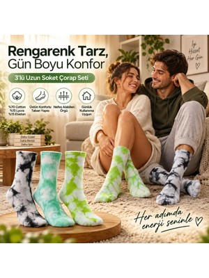 Liyuza Unisex Batik Desenli Çorap 3'lü Set Renkli Pamuklu Uzun Soket Dikişsiz Nefes Alan Günlük Spor Çorabı
