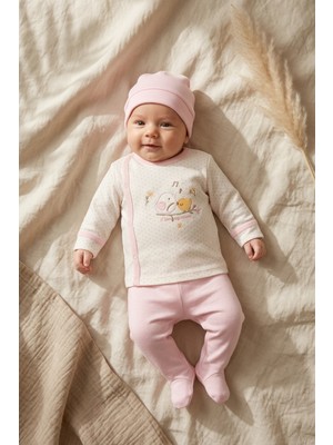 Yelena Kız Bebek Pembe Kuş Nakışlı %100 Pamuklu 3'lü Takım - Puantiyeli Kruvaze Üst, Patikli Pantol