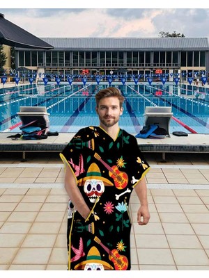 Myg Plus Sporsuit Skullove Unisex Havlu Panço Yüzücü Yarış Antrenman Havuz ve Deniz Için Kapüşonlu Bornoz