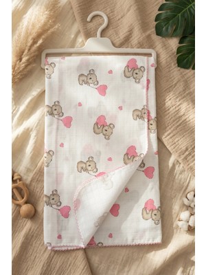 Yelena Pembe Koala Desenli Kenarı Biye Oyalı Pamuklu Müslin Bebek Battaniyesi 90*90 cm